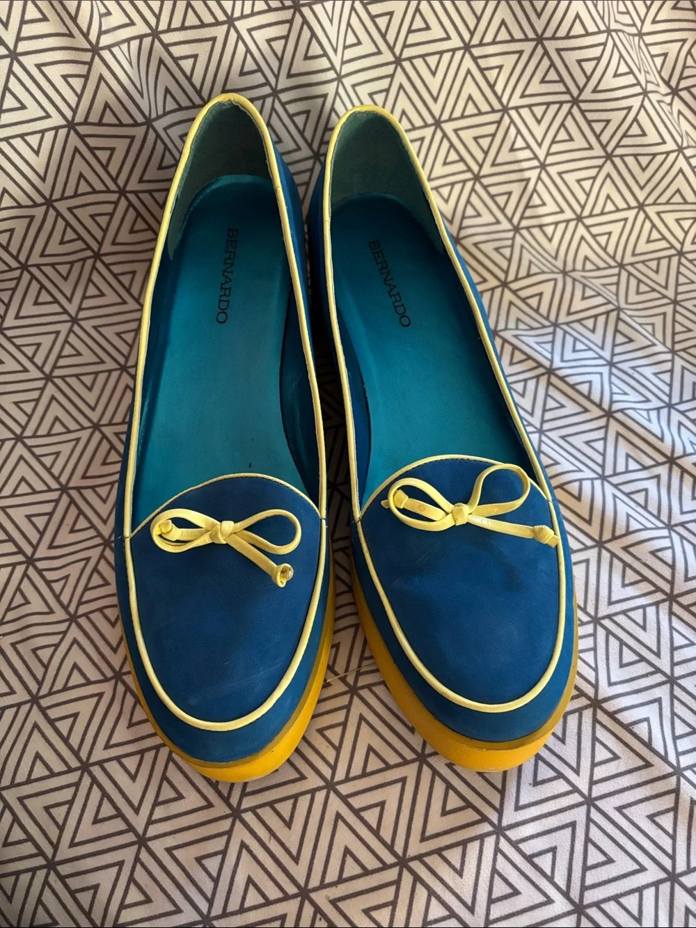 Bernardo Blue Platform Loafers with Yellow Trim